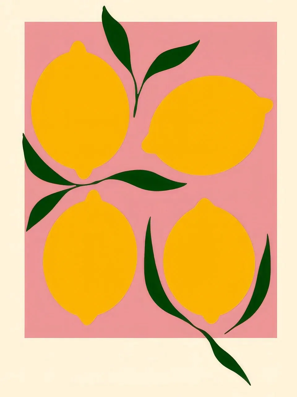 Onlly poster, Four Lemons on Pink: Yellow lemons and dark green leaves are arranged as a crisp graphic on rose pink.