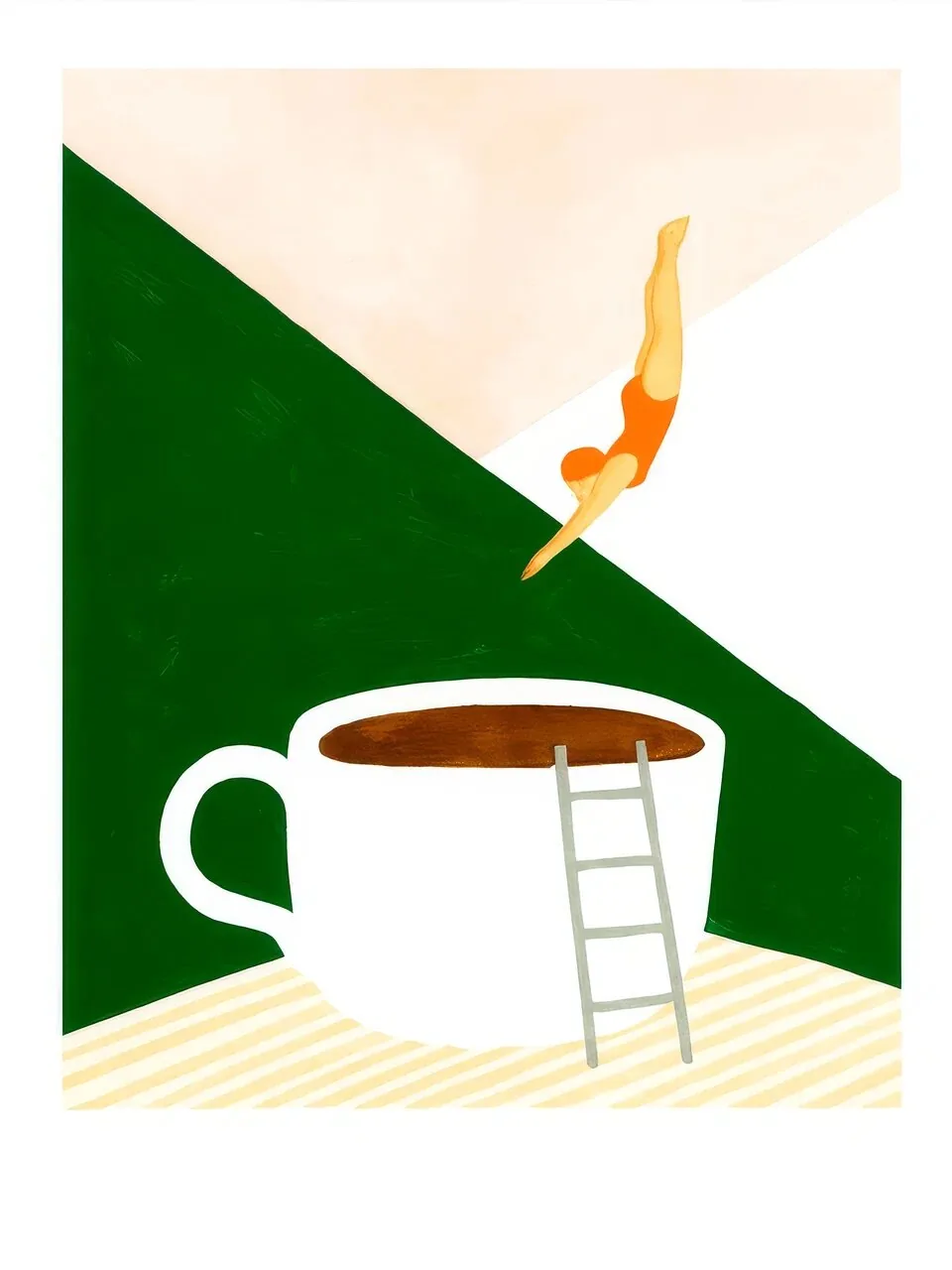 Onlly poster, Cup and Chair Geometry: A large white cup and a small chair-like form sit within green and cream geometric blocks.