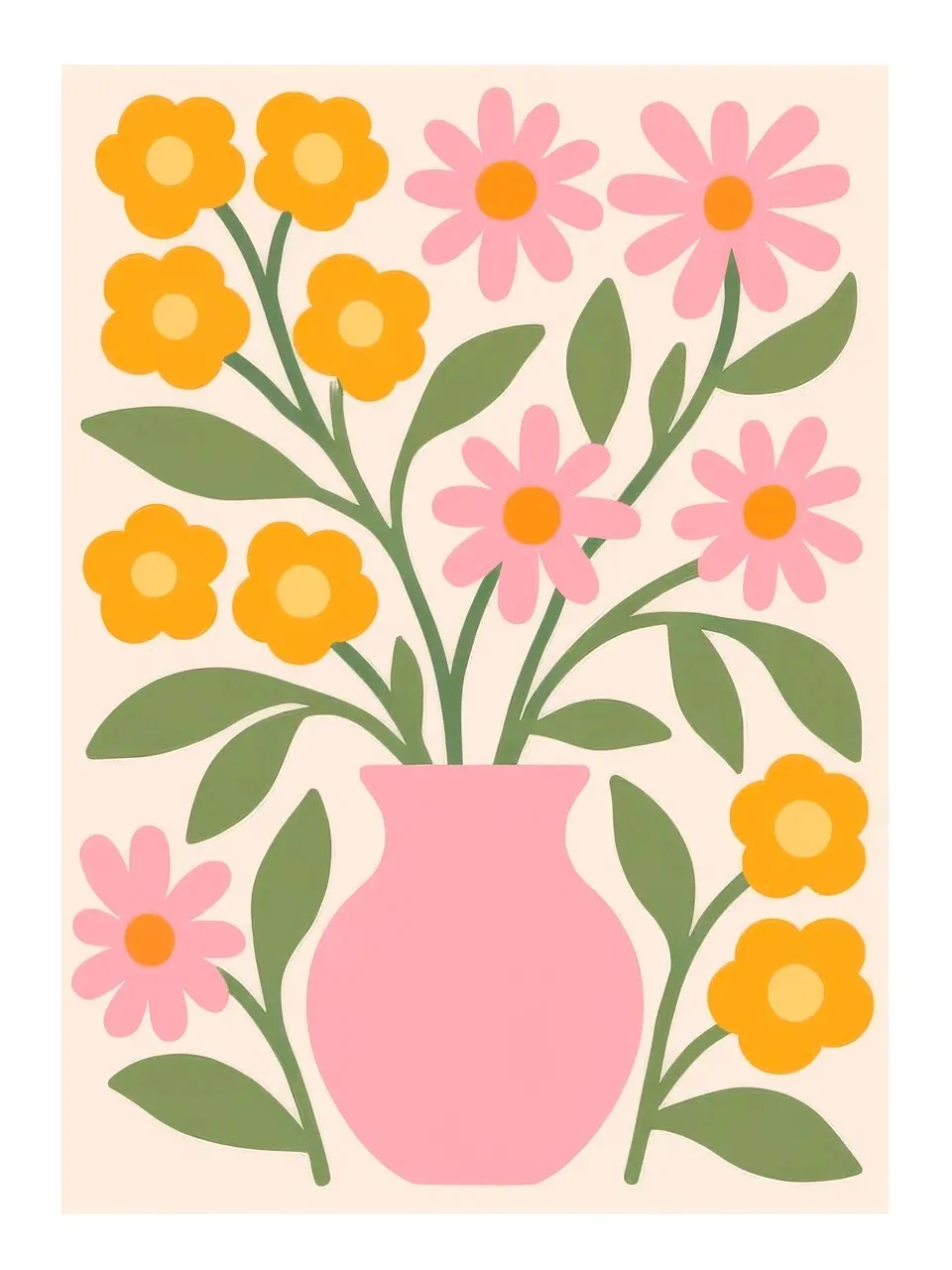Onlly poster, Flowers in a Pink Vase: A rounded rose-pink vase holds a generous mix of yellow and coral flowers.