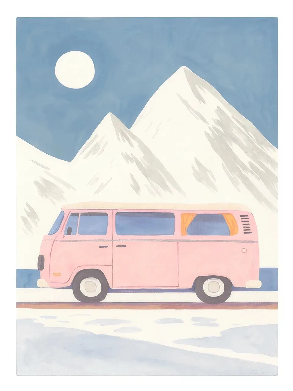 Onlly poster, Pink Van beneath Snowy Peaks: A small pink van rests before pale mountains and a round moon.