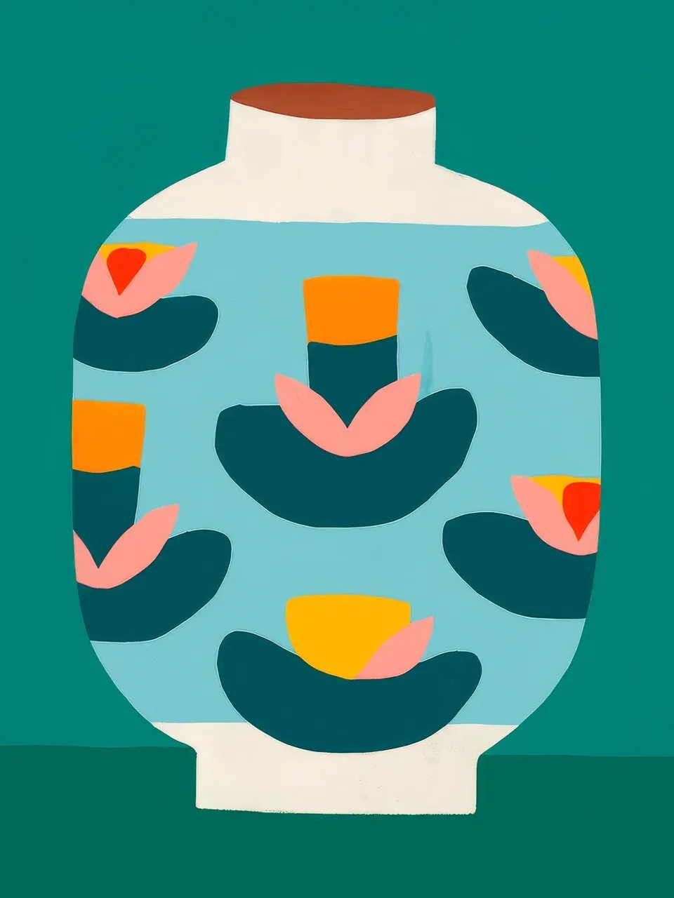Onlly poster, Patterned Vase on Deep Green: A rounded vase decorated with abstract shapes is set against a rich green field.