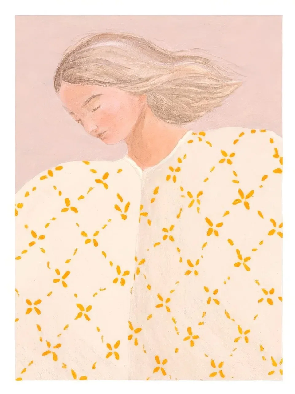 Onlly poster, Woman Resting in a Yellow Blouse: A woman lies with closed eyes in a pale blouse dotted with tiny yellow flowers.