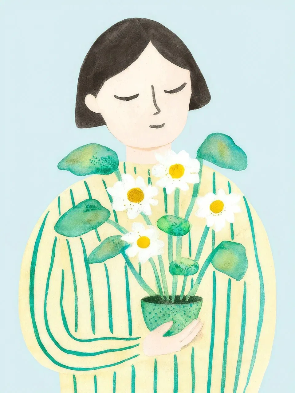Onlly poster, Woman Holding Wildflowers: A woman in a green striped top holds a small bouquet close to her chest.