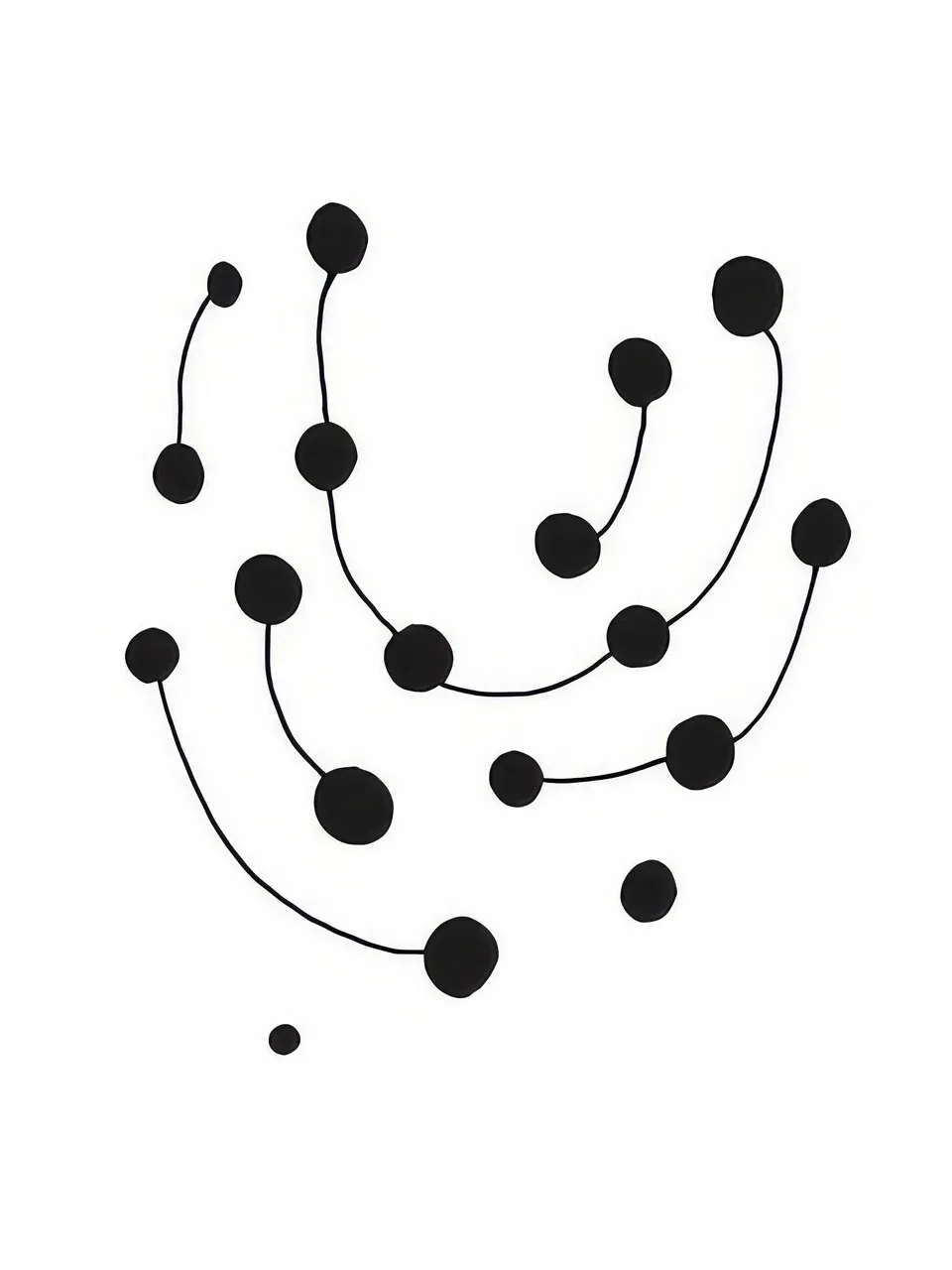 Onlly poster, Black Berries on Fine Stems: Small dark circles dot branching black stems in a sparse, balanced arrangement.