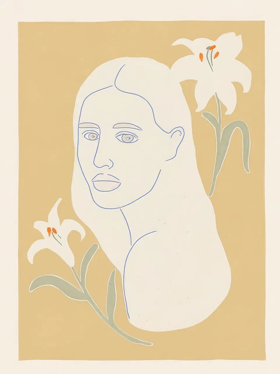 Onlly poster, Face among White Flowers: A softly drawn face appears between pale blossoms on a warm beige ground.