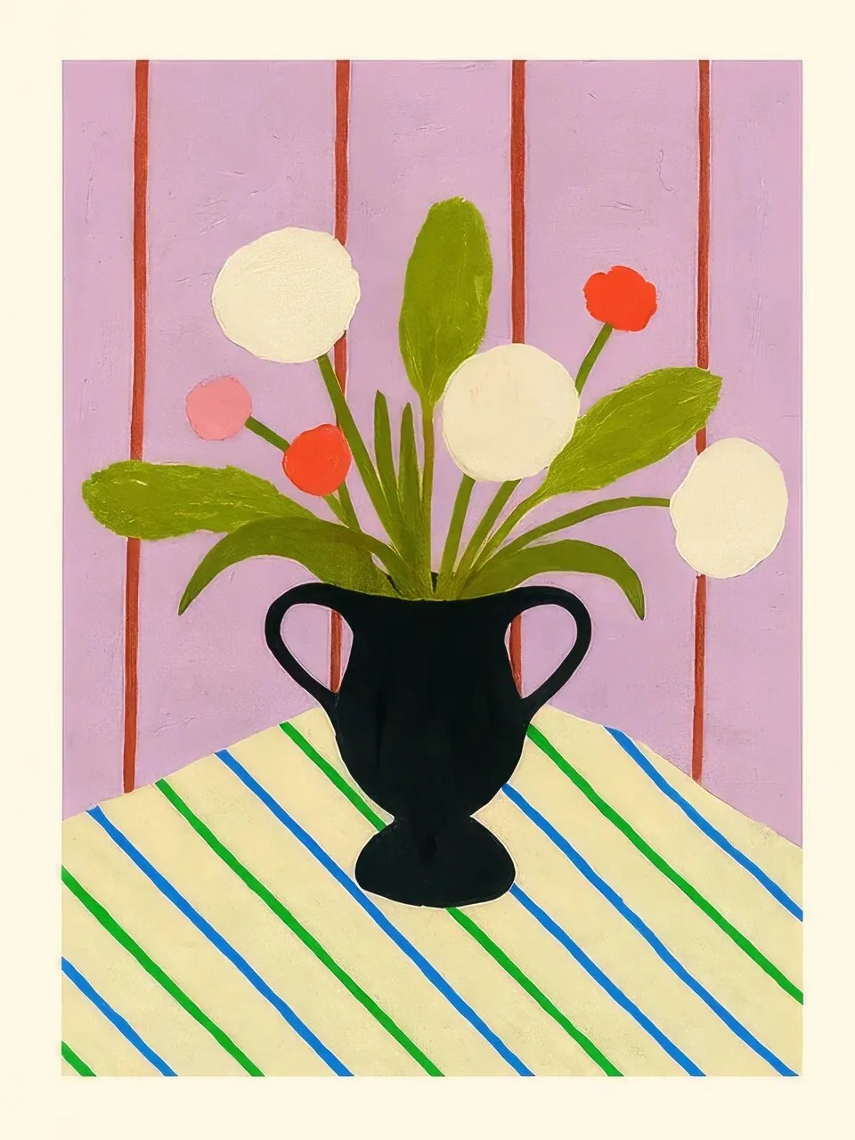 Onlly poster, Flowers in a Striped Vase: A dark rounded vase holds coral blooms over a ground of pink, green and blue stripes.