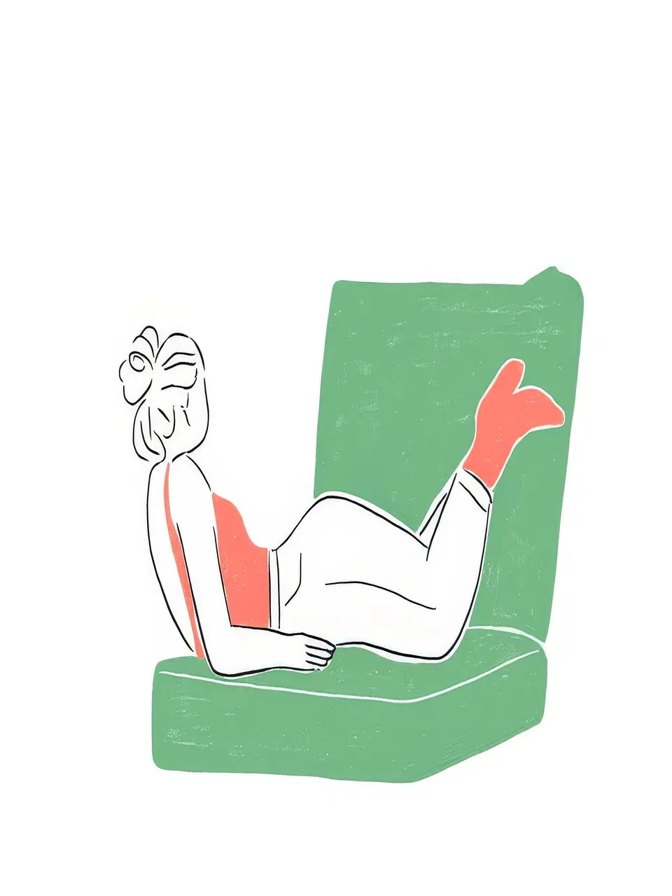 Onlly poster, Woman Relaxing with a Drink: A seated woman in green and white relaxes while holding a glass.