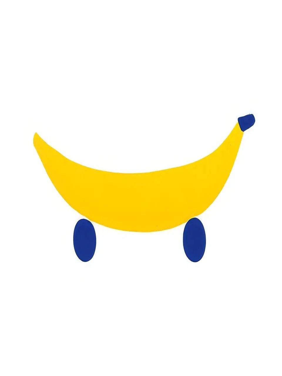 Onlly poster, Two Bananas on Wheels: A bright yellow banana-shaped form with small blue wheels creates a playful graphic.