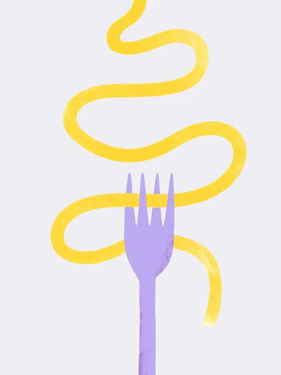 Onlly poster, Wavy Yellow Line and Fork: A yellow looping line winds above a small lavender fork.