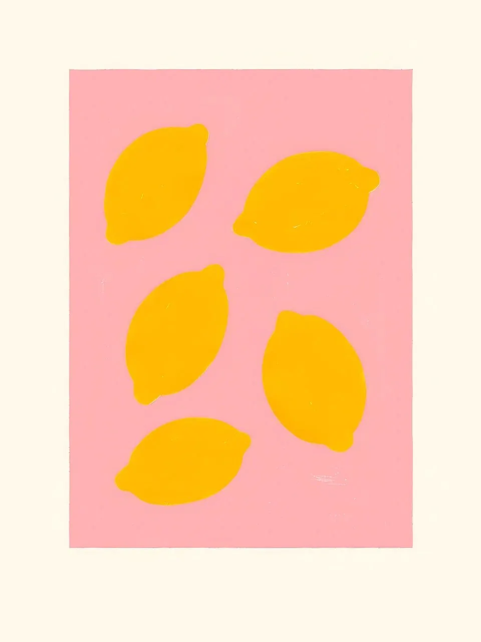Onlly poster, Lemons on Blush Pink: Loose yellow lemon shapes are spaced across a warm pink field.
