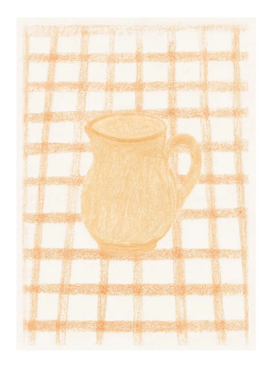 Onlly poster, Tea Cup on a Checked Cloth: A pale cup sits at the centre of a warm orange checkerboard.