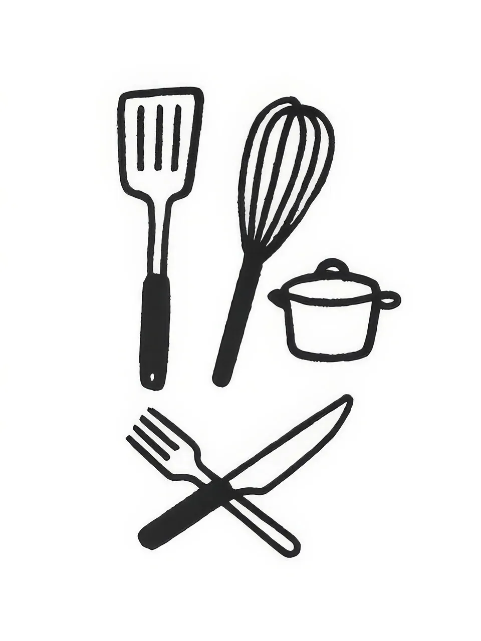 Onlly poster, Kitchen Utensils in Blue and Black: A whisk, spatula, pot and cutlery are arranged as simple graphic line drawings.