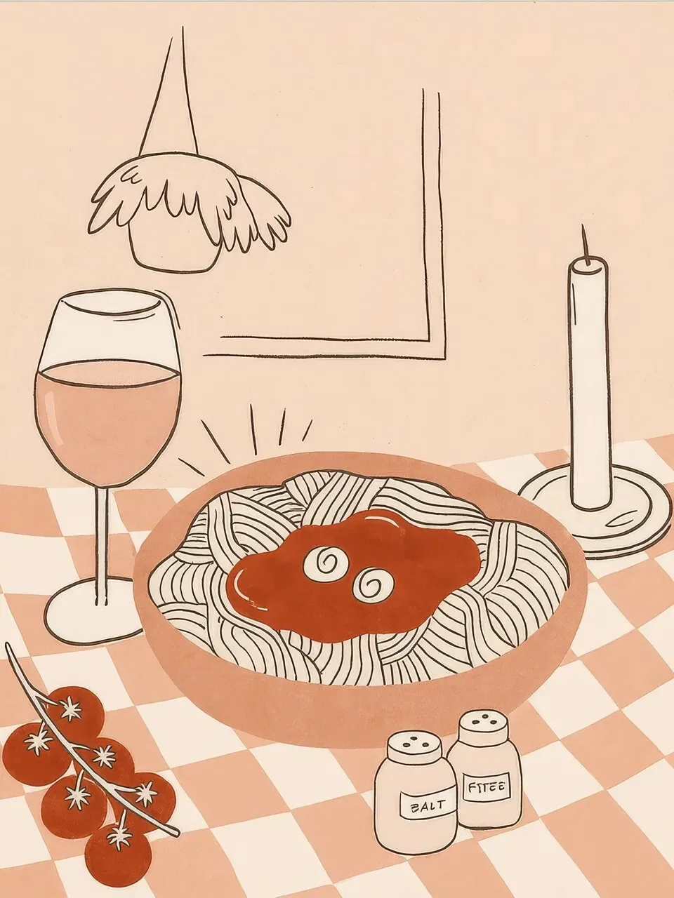Onlly poster, Dinner with Pasta and Fish: A cosy table setting shows a plate of pasta, fish, wine and small side dishes.