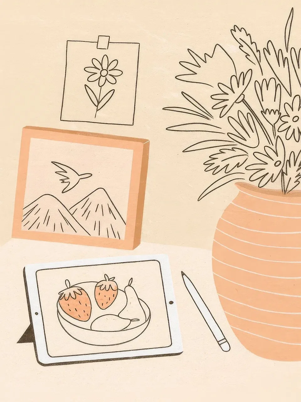 Onlly poster, Cookbook and Floral Sketches: A tabletop arrangement pairs food illustrations and handwritten recipe notes with a small flower.