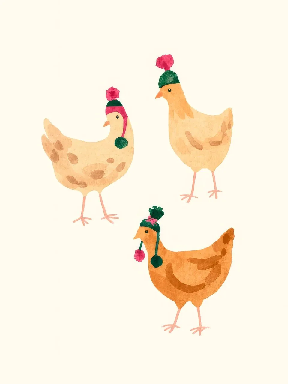Onlly poster, Hens in a Pale Garden: Three playful hens with red combs stand on a warm cream field.