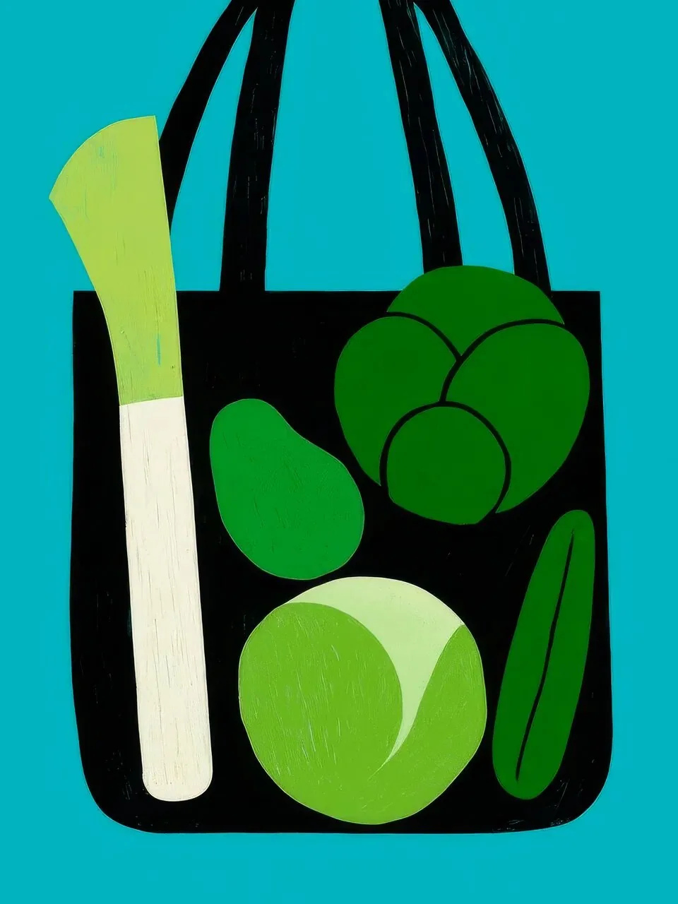 Onlly poster, Green Grocery Bag: A dark green shopping tote overflows with fresh leafy produce.