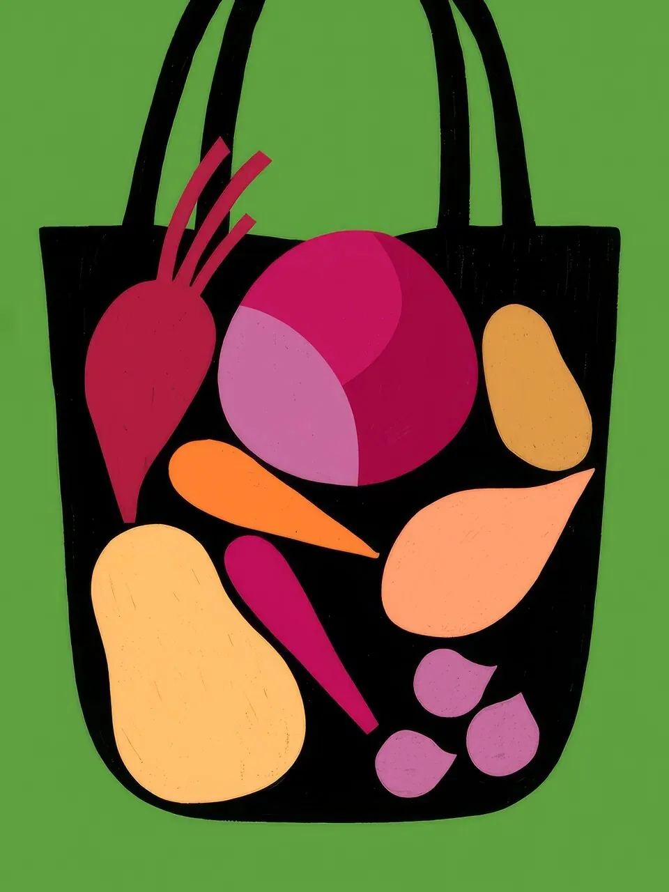 Onlly poster, Colourful Produce in a Tote: A dark bag holds bright carrots, beets and vegetables against a green field.
