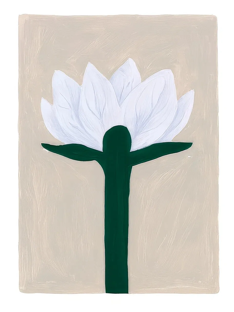 Onlly poster, White Lotus on a Long Stem: A pale flower with broad white petals rises from a dark green stem.