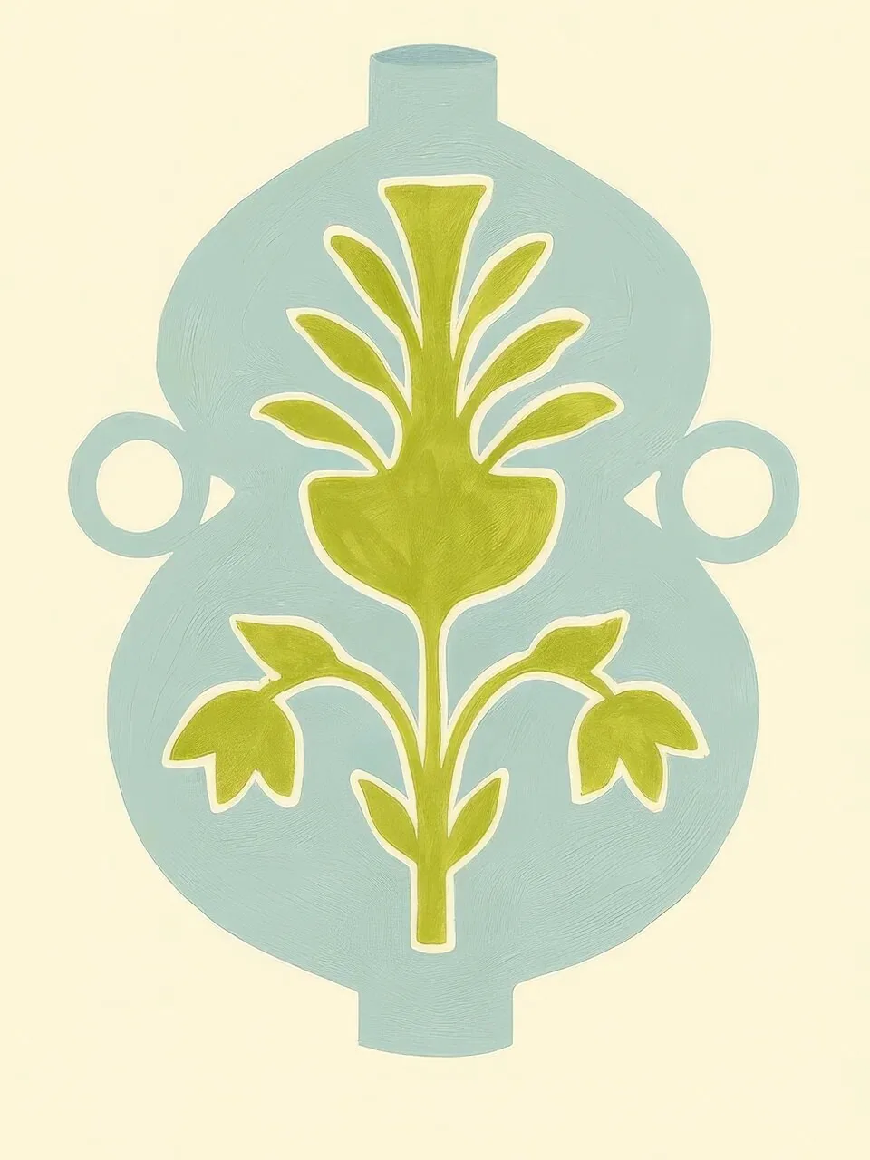 Onlly poster, Foliage in a Blue-Green Vase: A decorative pale vase holds stylized leaves in a restrained green palette.