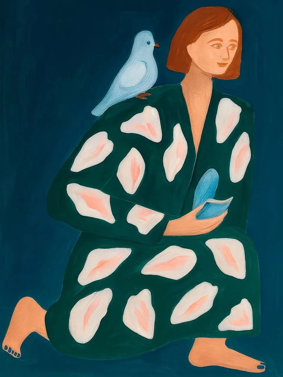 Onlly poster, Woman among Pale Petals: A dark-haired woman stands against deep blue, surrounded by scattered pale leaf shapes.