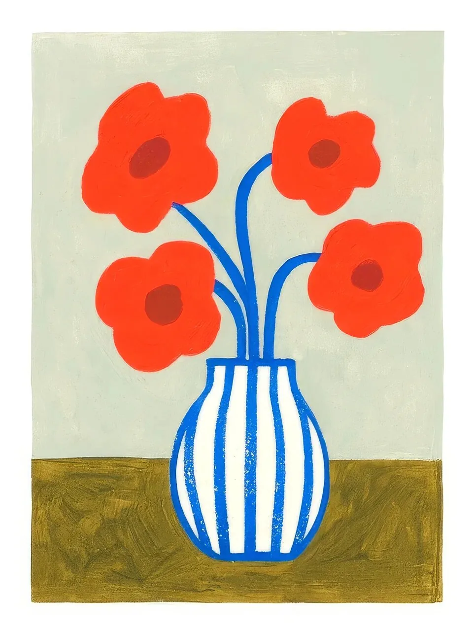Onlly poster, Red Flowers in a Blue Vase: Orange-red flowers and green leaves rise from a vivid blue striped vase.