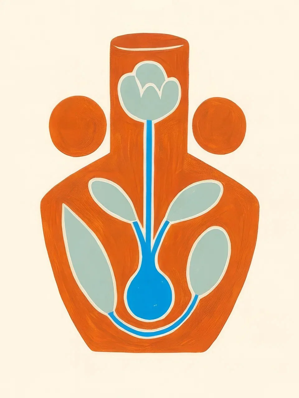Onlly poster, Orange Vase with Blue Stems: A terracotta vase and symmetrical blue-green stems form a simple floral motif.