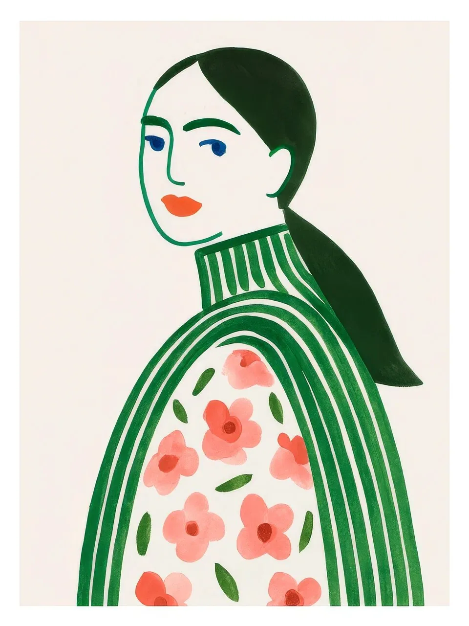Onlly poster, Woman in a Green Floral Sweater: A seated woman wears a green striped sweater scattered with pink flowers.