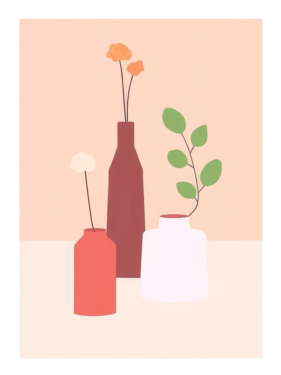 Onlly poster, Two Vases with Branches: A pair of pastel bottles holds a few sparse stems against a peach background.