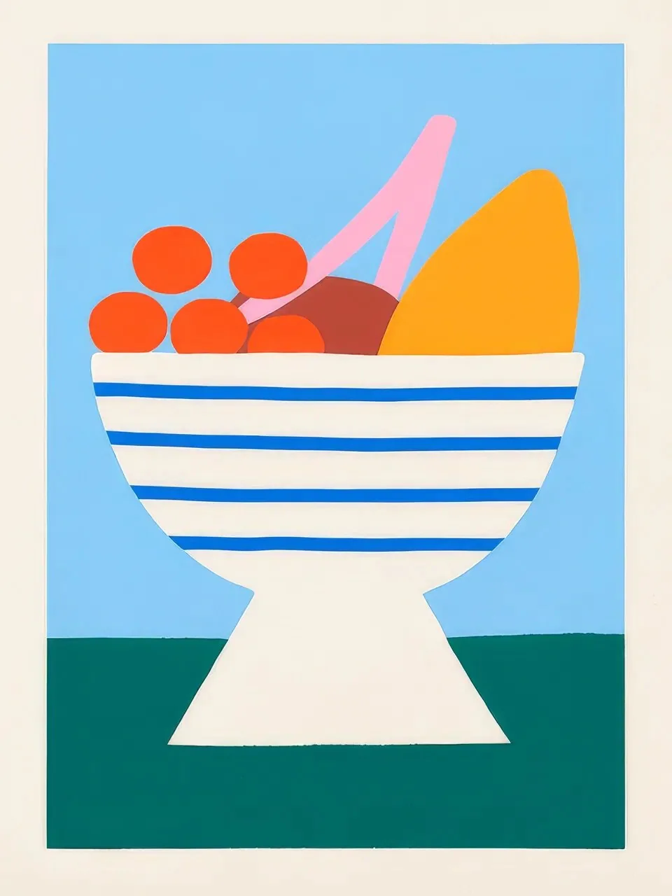 Onlly poster, Fruit Bowl on Teal: A white-and-blue striped bowl filled with orange fruit sits against teal and cream blocks.