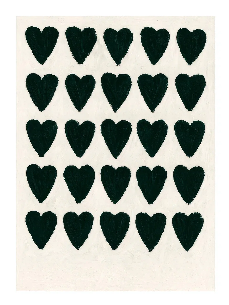 Onlly poster, Rows of Green Hearts: Dark green hearts repeat in even rows on a warm ivory ground.