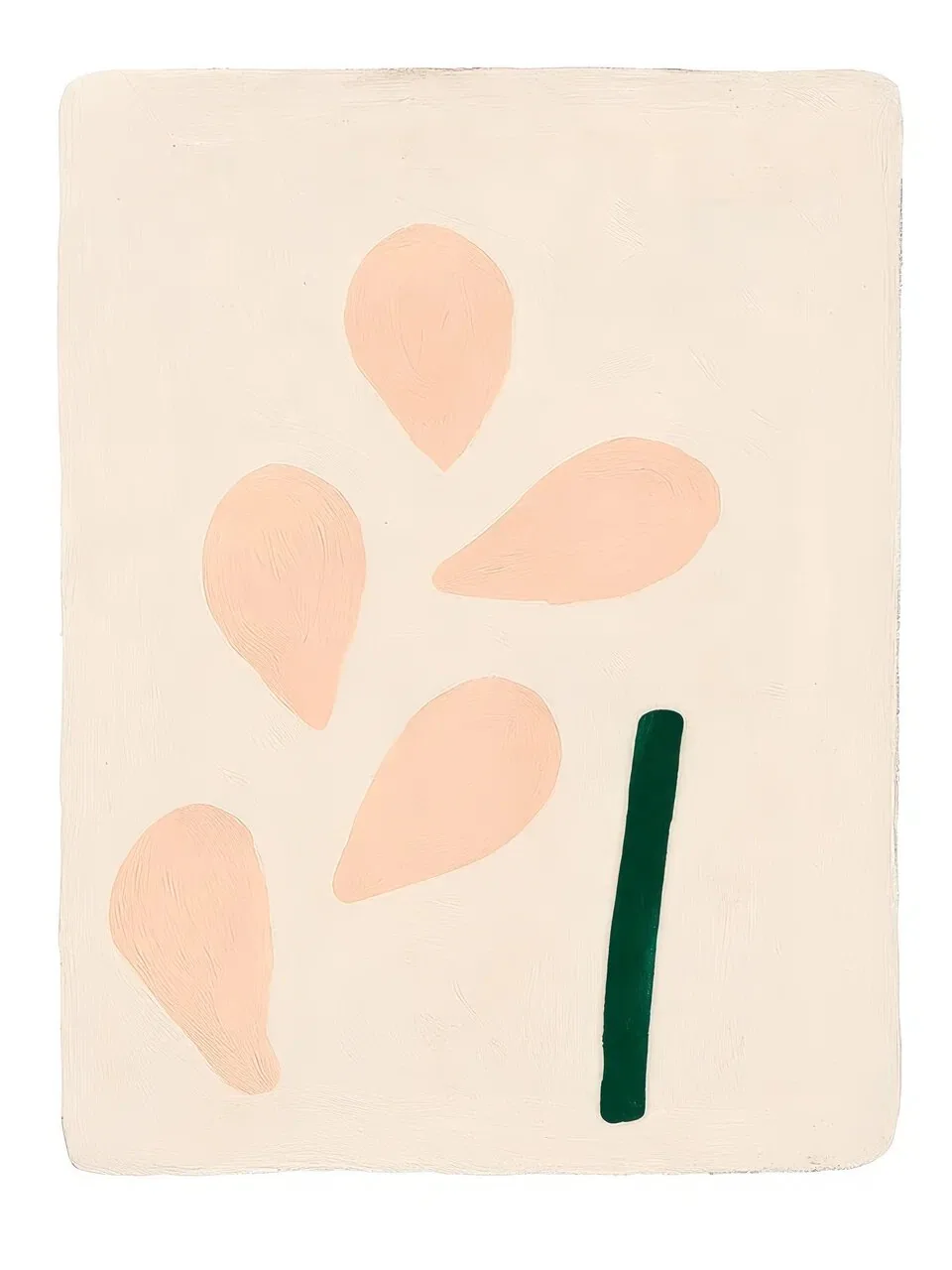 Onlly poster, Pale Peach Leaves: Soft peach leaf forms and a single dark green stem are arranged on cream.