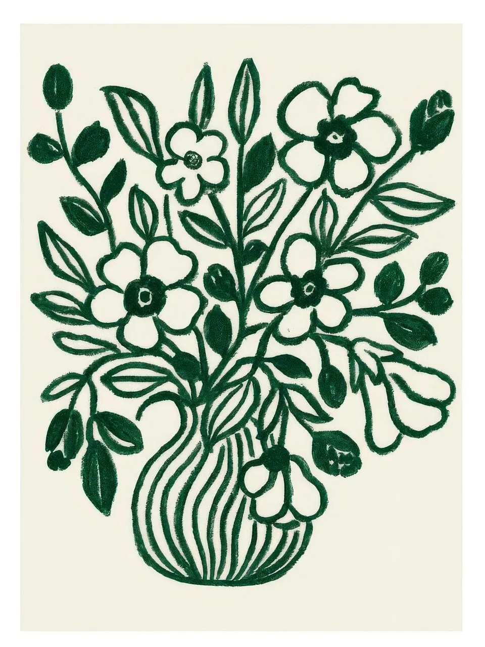 Onlly poster, Botanical Bouquet in Green: A full arrangement of dark green leaves and small white flowers fills a simple vase.