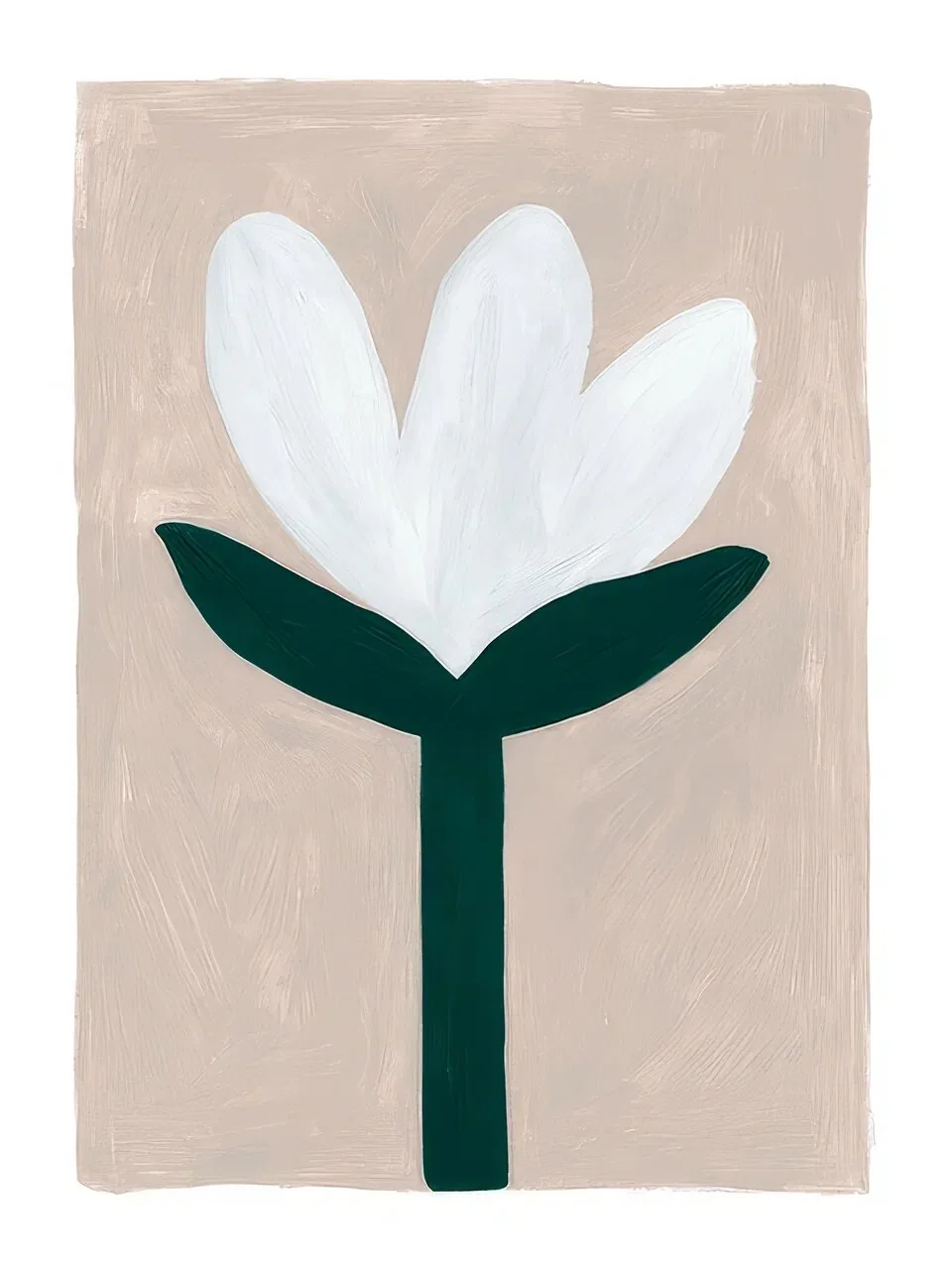 Onlly poster, White Flower and Green Stem: A single open white flower rises above a dark green stem on textured taupe.