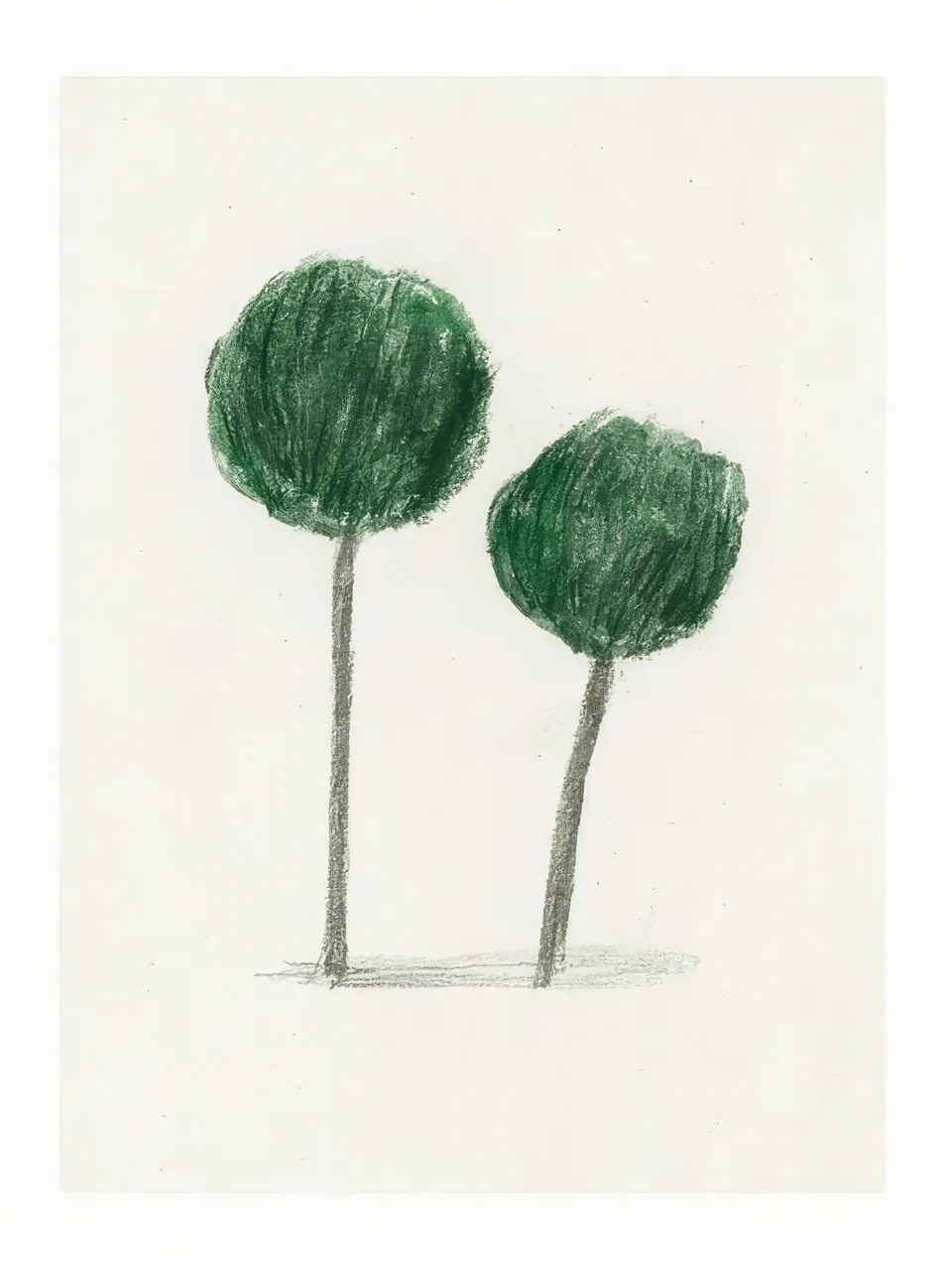 Onlly poster, Two Round-Topped Trees: Two slim trees with green rounded crowns stand on a pale ground.