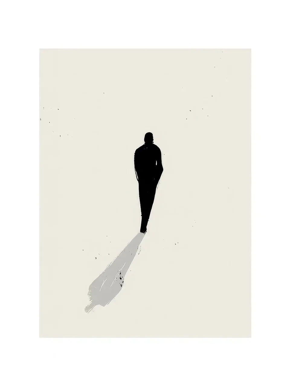 Onlly poster, Lone Figure with a Long Shadow: A tiny dark figure and long grey shadow cross a pale open space.