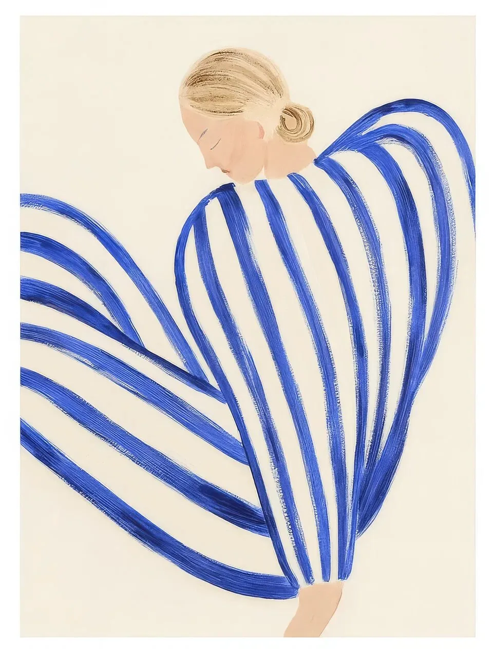 Onlly poster, Woman in Blue Stripes: A seated woman is wrapped in bold blue and white curved stripes.