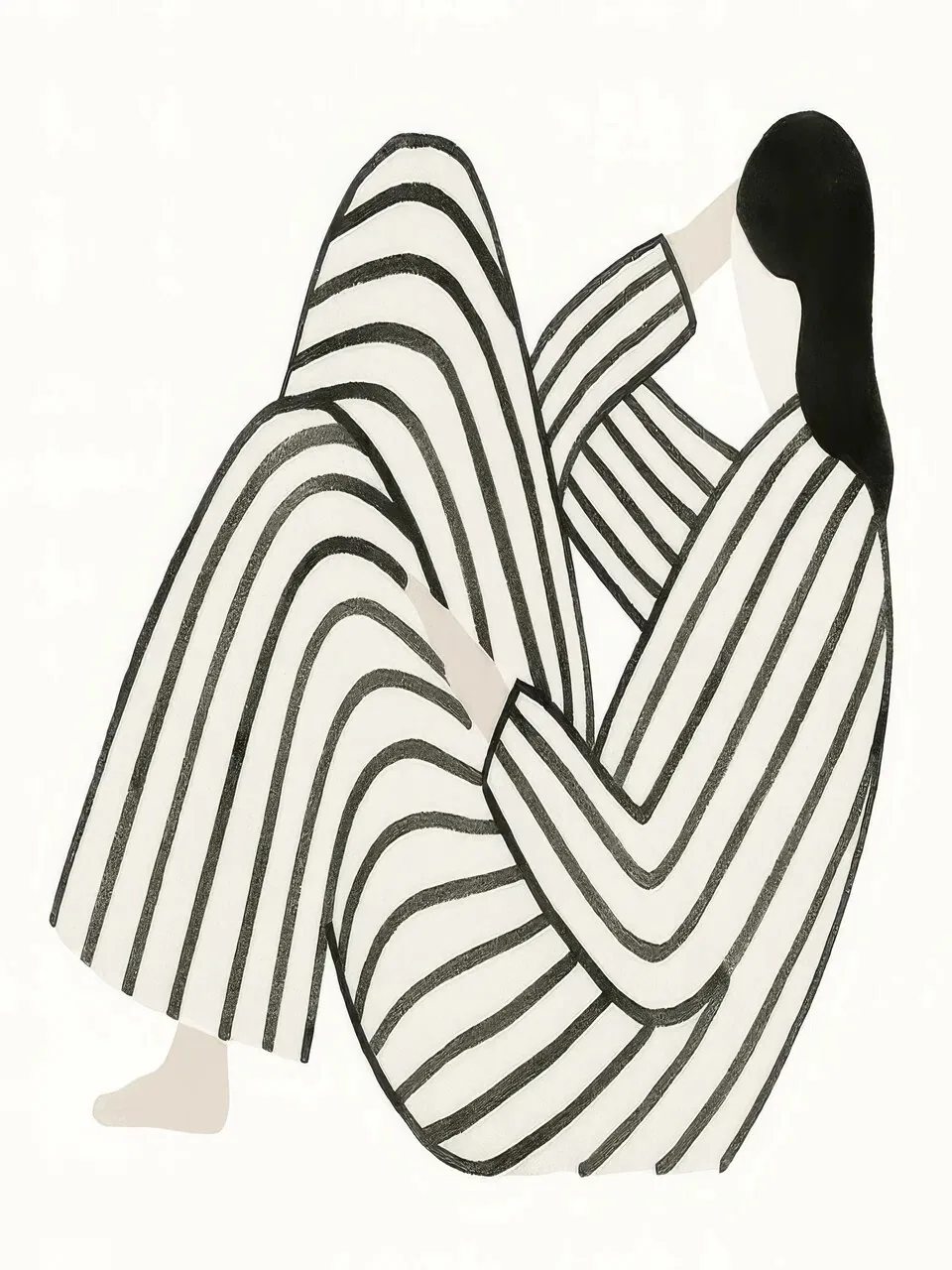 Onlly poster, Woman in Flowing Black Lines: A seated figure is described with flowing black and cream parallel lines.