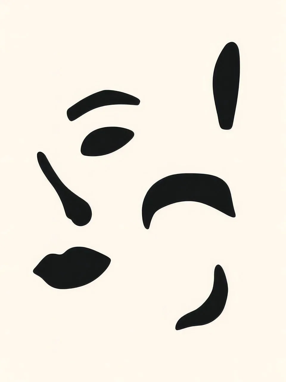 Onlly poster, Black Abstract Brush Marks: Loose black brush-like forms float separately on a pale ground.