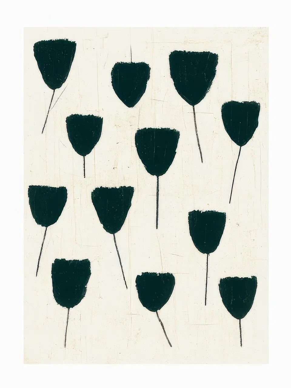 Onlly poster, Dark Tulips in Rows: Small dark tulip-like forms repeat in loose rows on ivory.