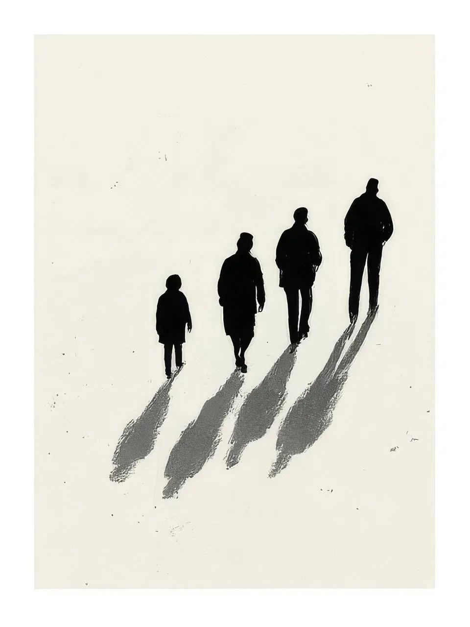 Onlly poster, People Walking in Long Shadows: Four small dark figures cross a pale field, their long shadows stretching behind them.