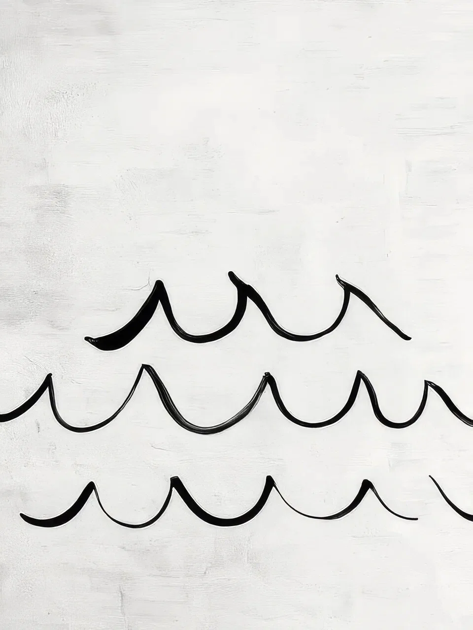 Onlly poster, Quiet Waves in Ink: Repeated dark wave lines move across a softly textured white ground.
