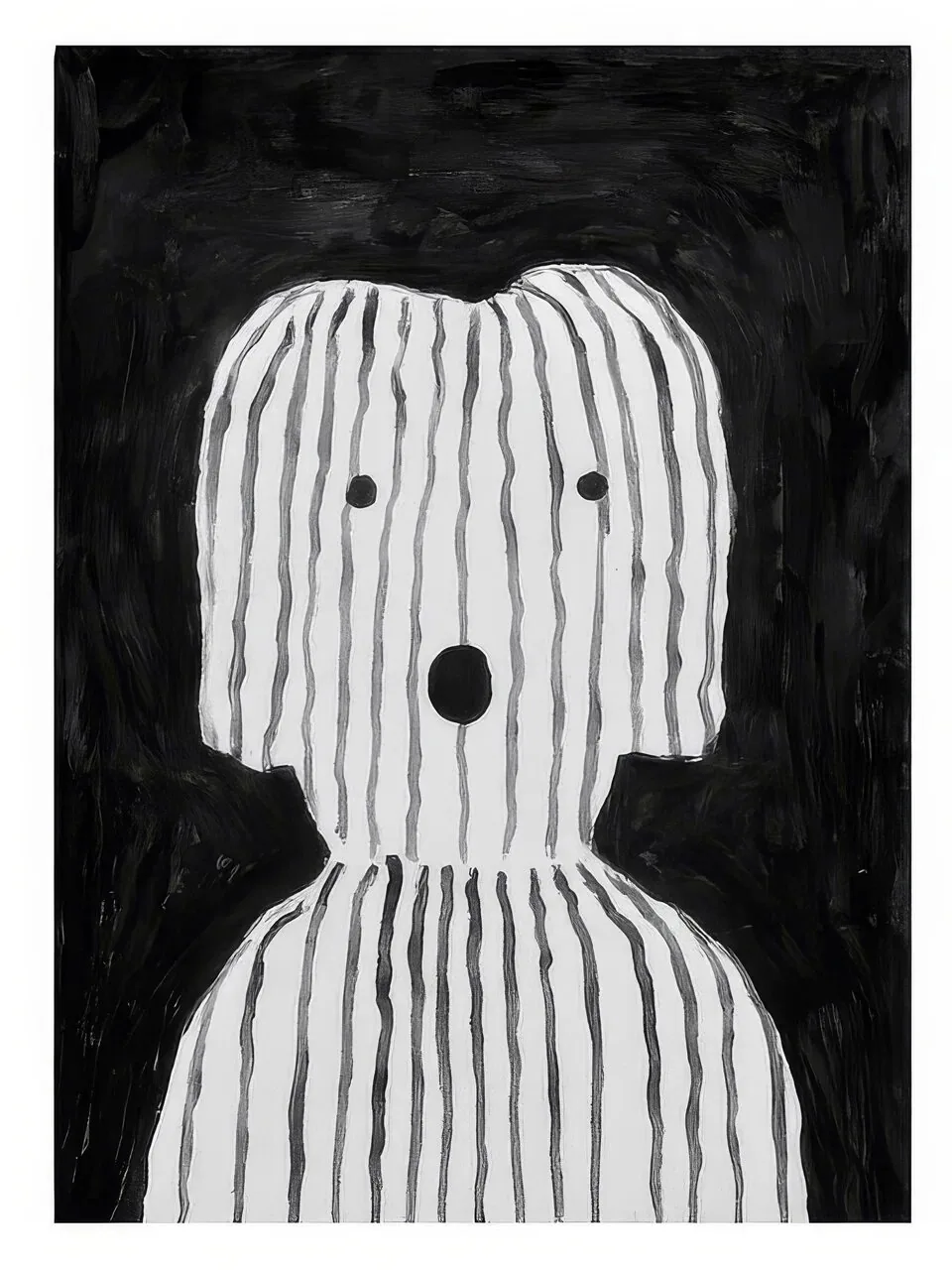 Onlly poster, Striped Little Character: A small black-and-white character with a rounded body and dot eyes stands against charcoal.