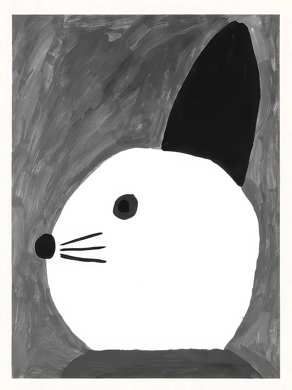 Onlly poster, White Mouse on Charcoal: A simple white mouse-like figure with round ears is outlined on a dark field.