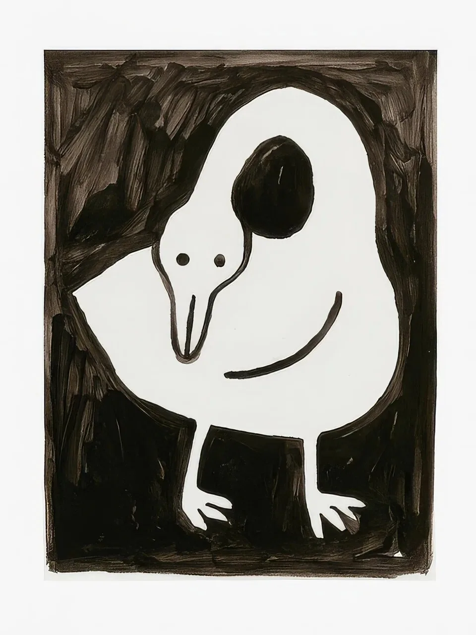 Onlly poster, White Bird on Dark Ground: A small pale bird stands in a loose black brush frame.