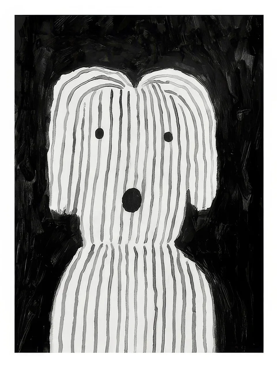 Onlly poster, Striped Figure in a Dark Frame: A rounded white figure with black stripes and dot eyes is set against charcoal.