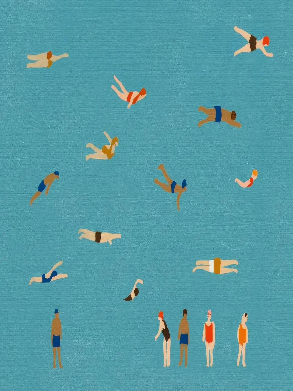 Onlly poster, Swimmers in a Blue Sea: Tiny swimmers and scattered fish-like forms move across a bright turquoise field.