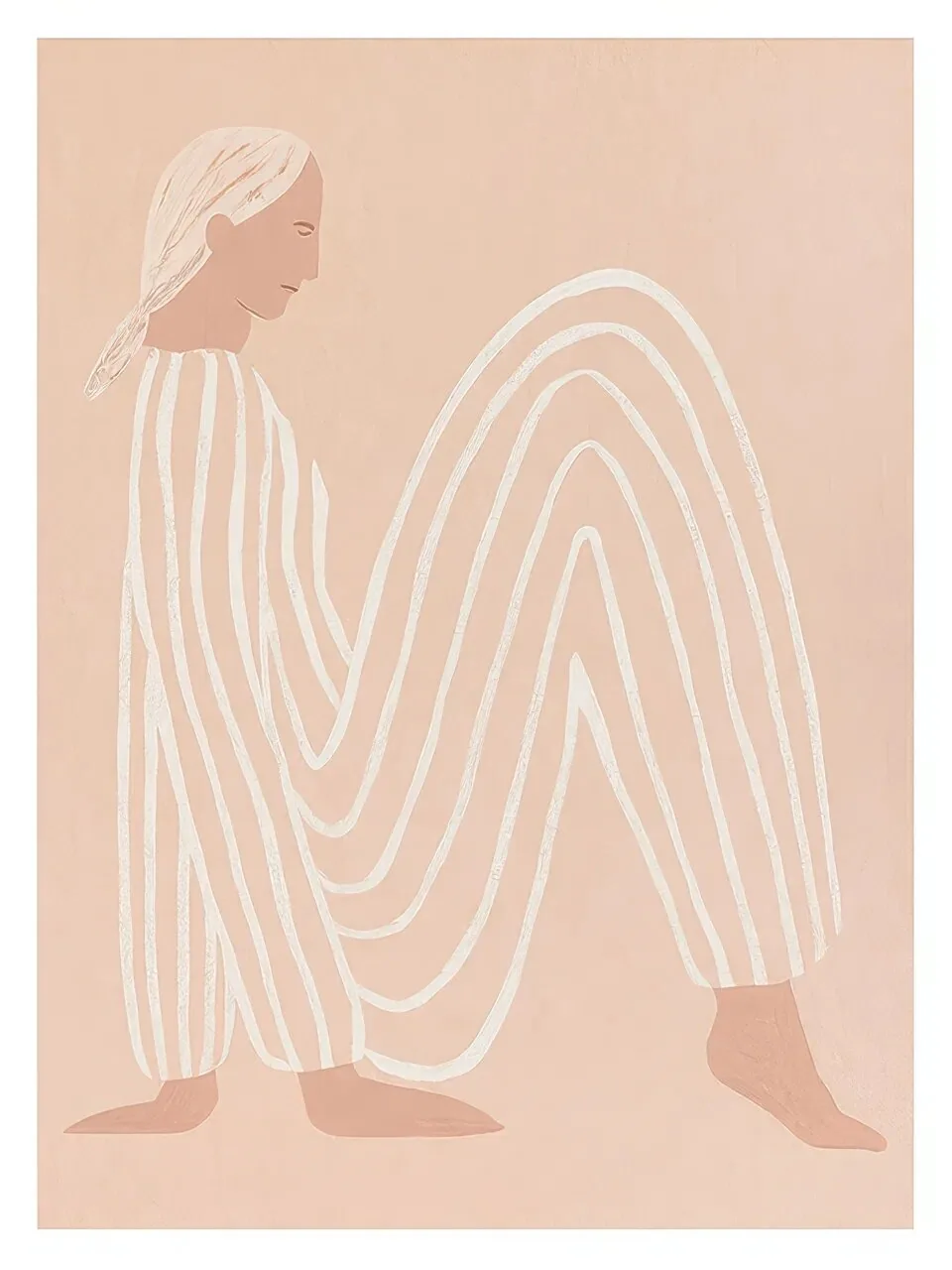 Onlly poster, Seated Figure in Pale Stripes: A pale figure sits curled within delicate ivory contours on blush beige.