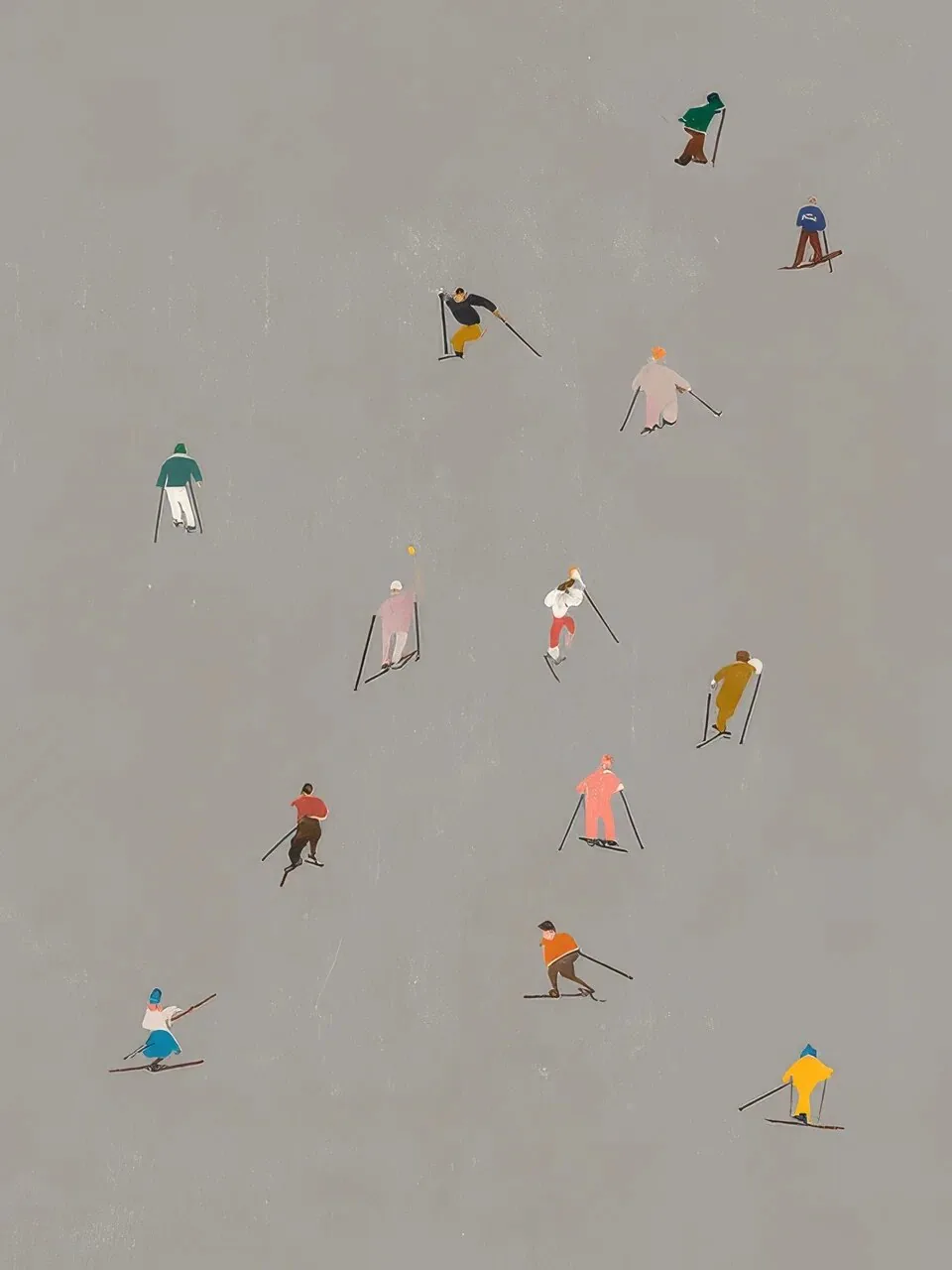 Onlly poster, Figures Across a Grey Field: Tiny people are scattered across a broad muted grey ground.