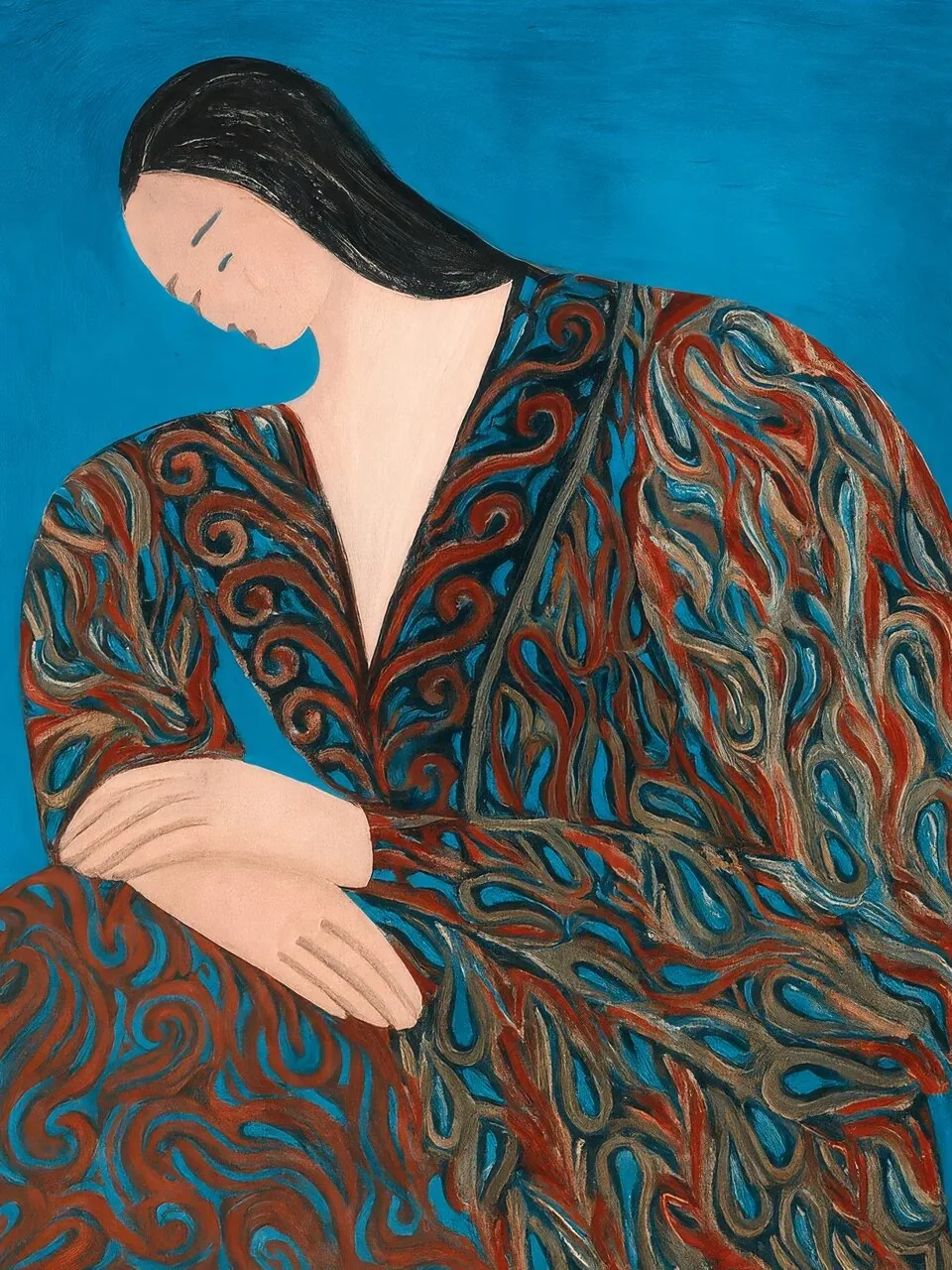 Onlly poster, Woman in a Blue Patterned Dress: A seated dark-haired woman wears a richly patterned blue and rust robe.