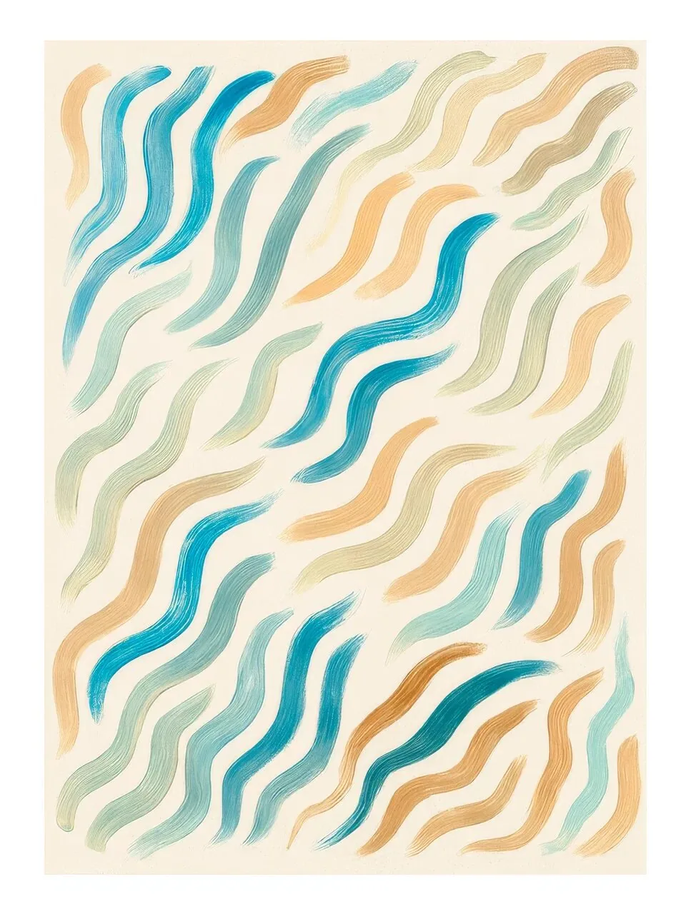 Onlly poster, Blue and Ochre Wavy Pattern: Soft blue, peach and ochre waves bend across the composition.